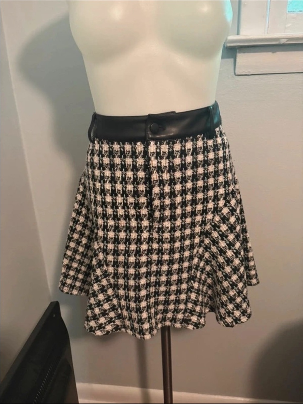 VENUS Black & White Houndstooth Skater Skirt with Faux Leather Waistband